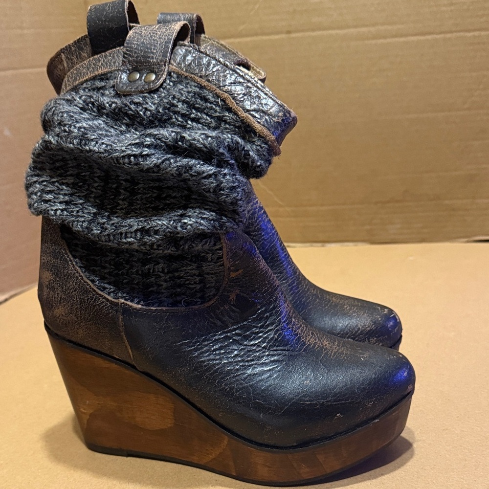 Bed Stu Brown Leather Wedge Boots with Knit Cuff